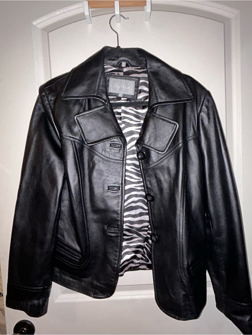 Boutique Classic Black Leather Jacket with Zebra Lining